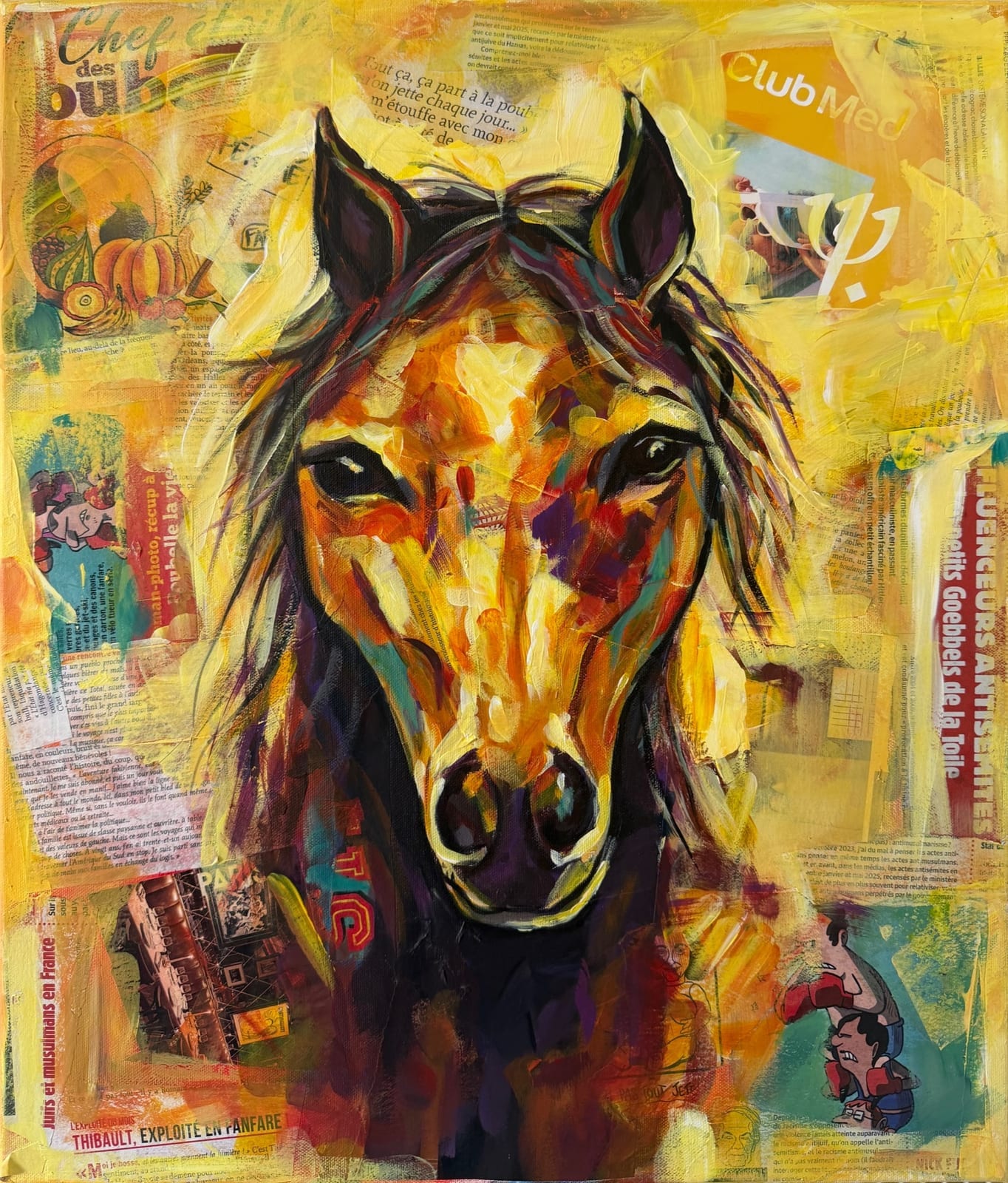 Vue frontale d'un cheval, regard direct vers le spectateur, palette jaune saturée et dégradés violets dans la crinière.